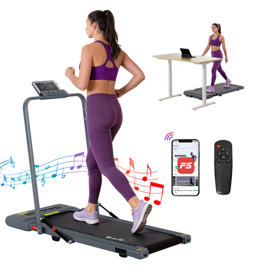 Everfit electric walking pad treadmill in grey for home gym, compact 400mm width, suitable for under desk walking and fitness.