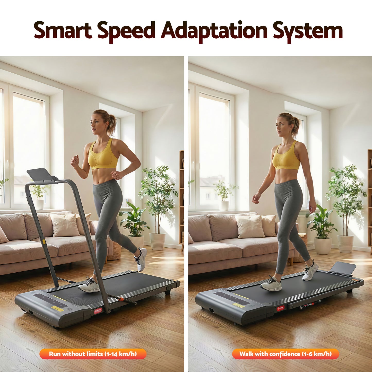 Grey Everfit electric walking pad treadmill for home gym, 400mm width, designed for under-desk walking and fitness exercises.