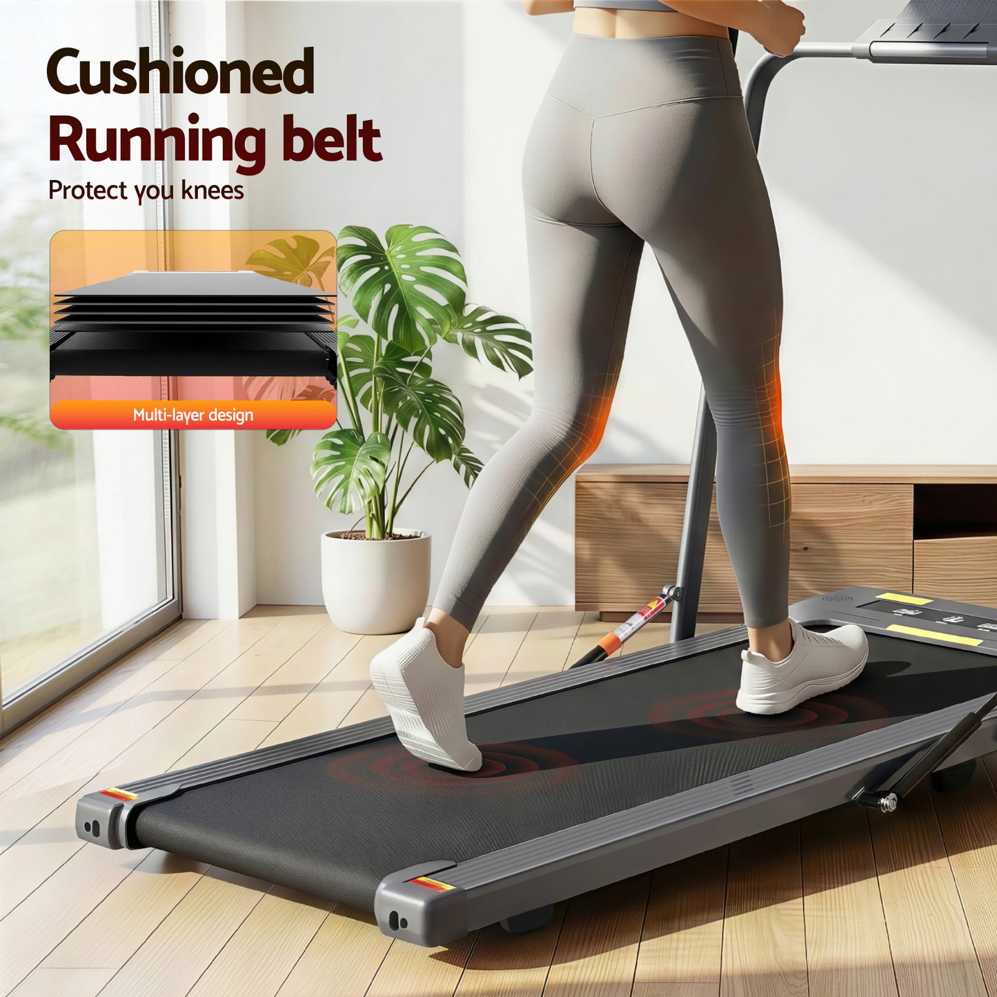 Grey Everfit electric treadmill walking pad for under desk home gym, 400mm width, designed for fitness and exercise.