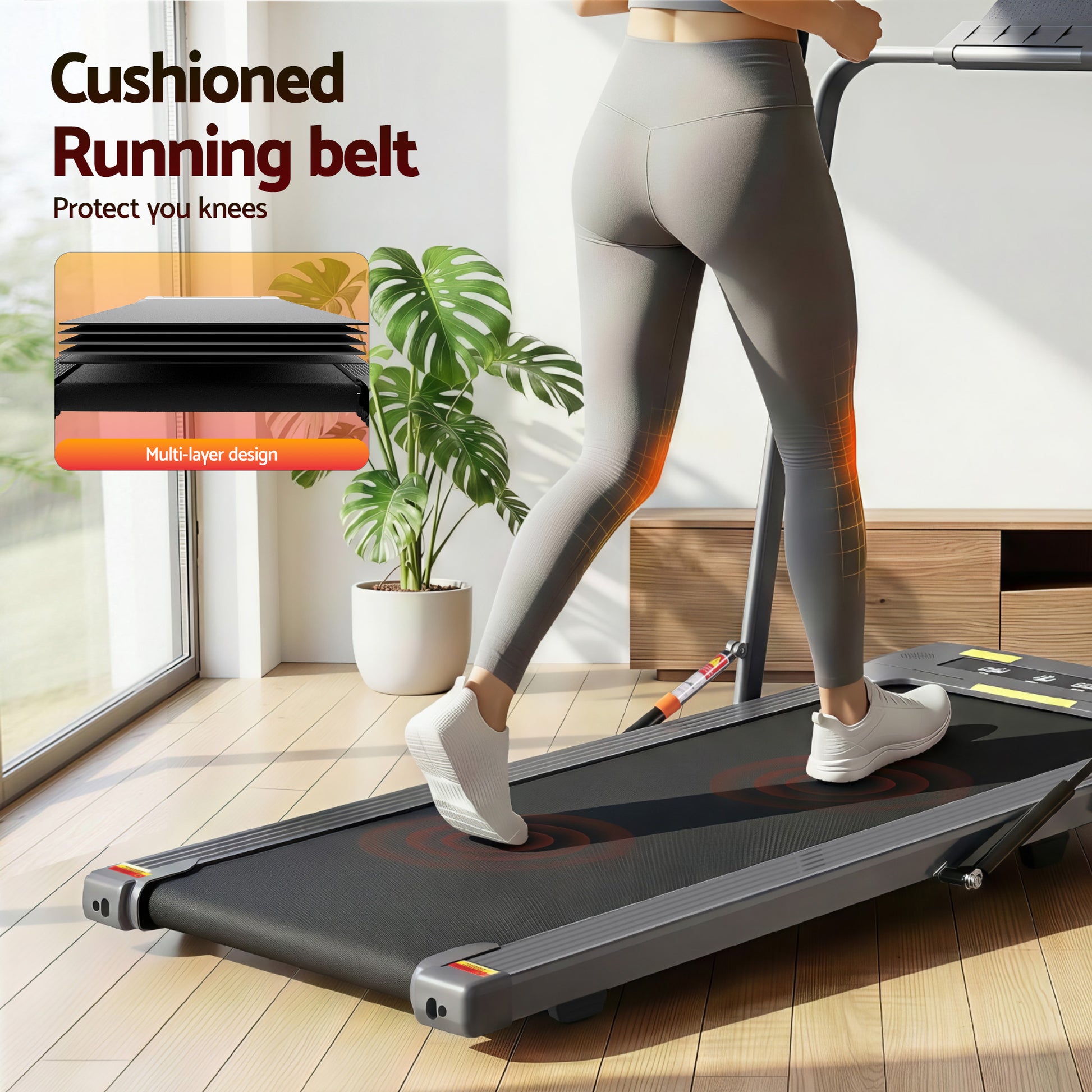 Grey Everfit electric treadmill walking pad for under desk home gym, 400mm width, designed for fitness and exercise.