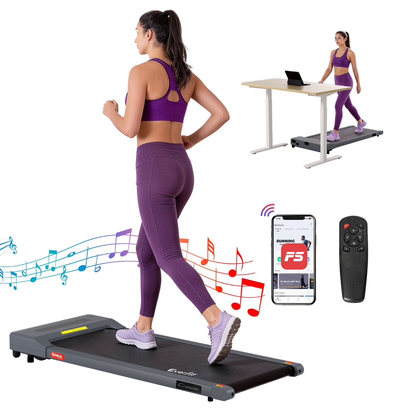 Everfit electric walking pad treadmill in grey, compact under-desk design for home gym and fitness workouts.