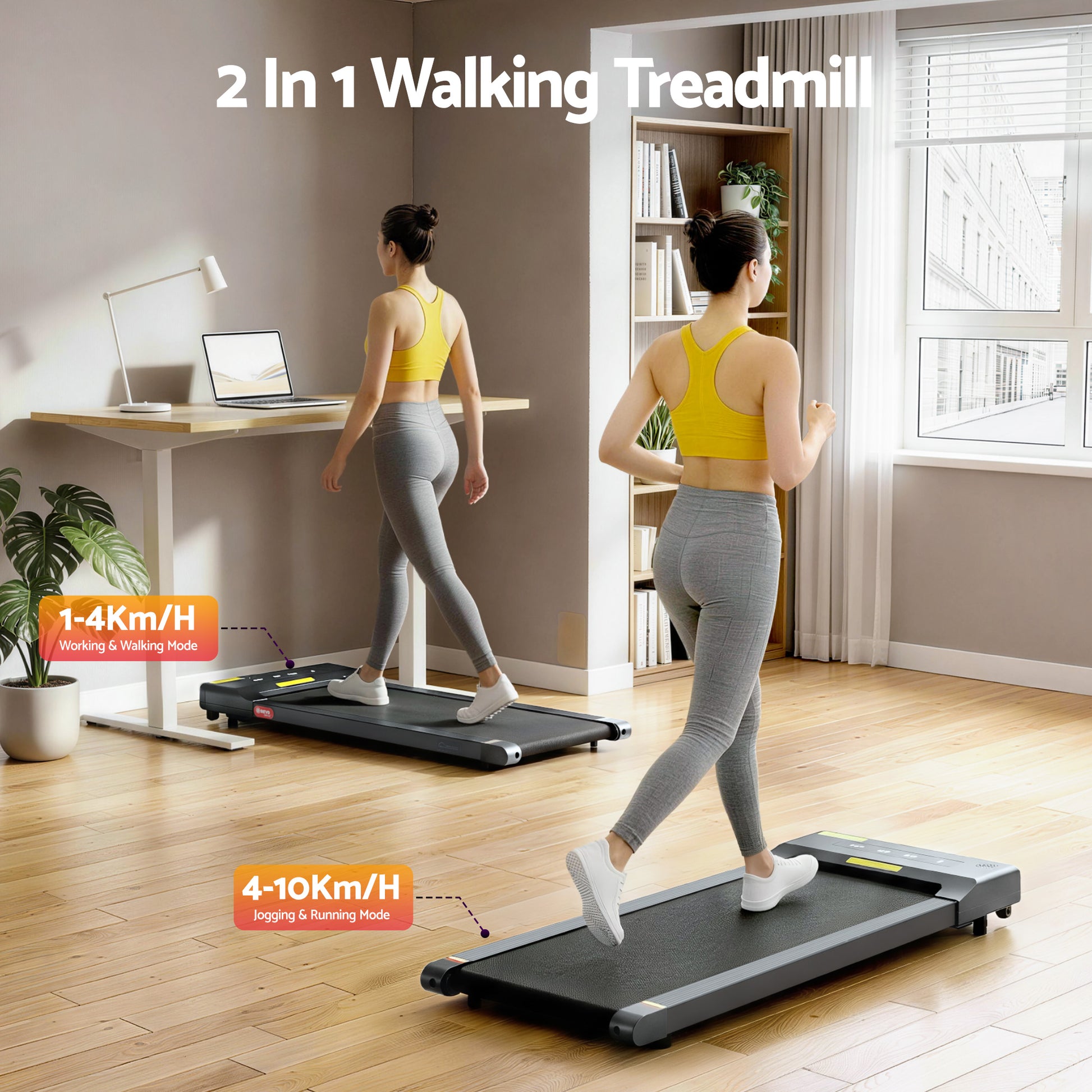 Everfit electric walking pad treadmill in grey, compact design for home gym and under-desk walking exercise.