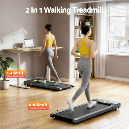 Everfit electric walking pad treadmill in grey, compact design for home gym and under-desk walking exercise.