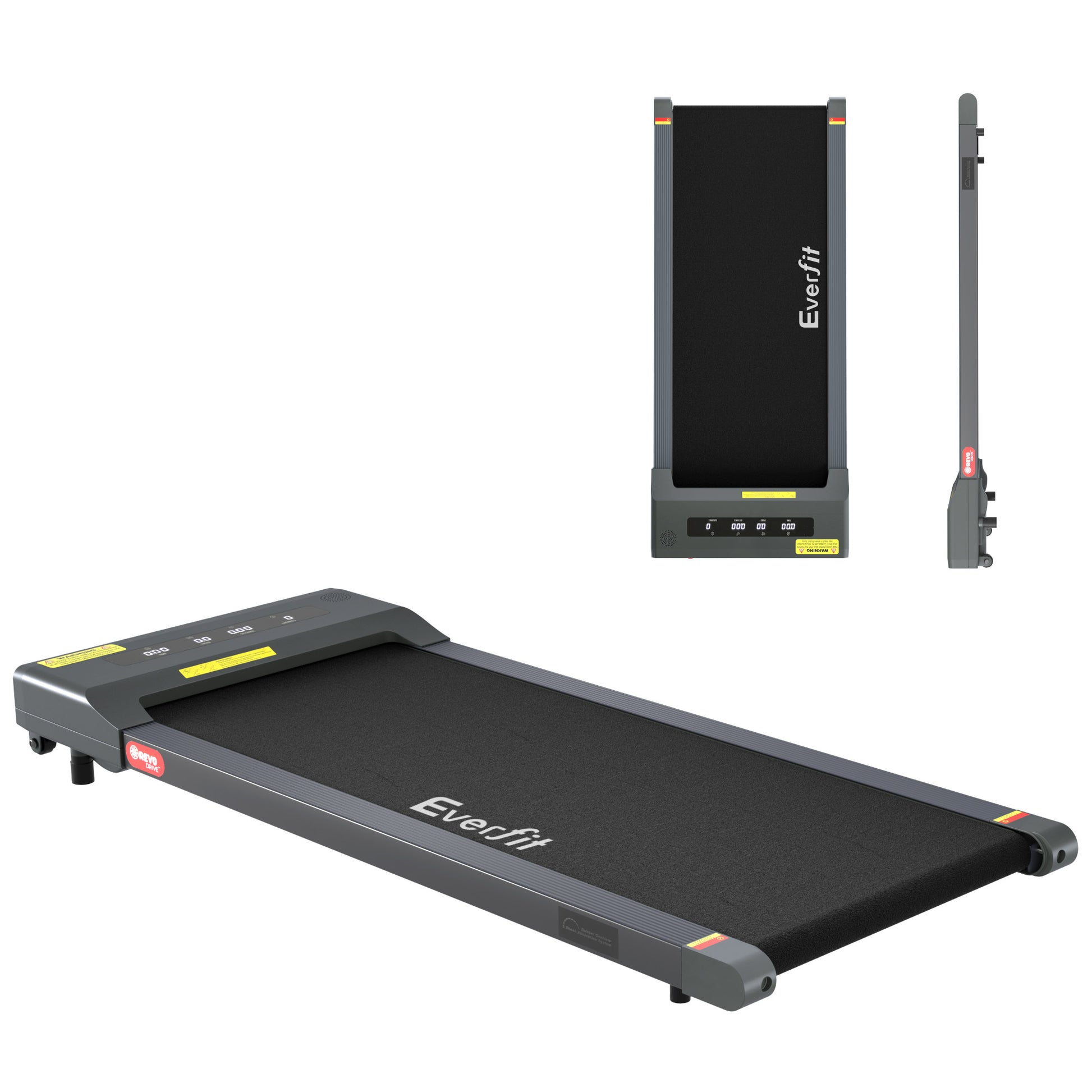 Everfit electric treadmill walking pad in grey, compact under-desk design for home gym and fitness exercises.