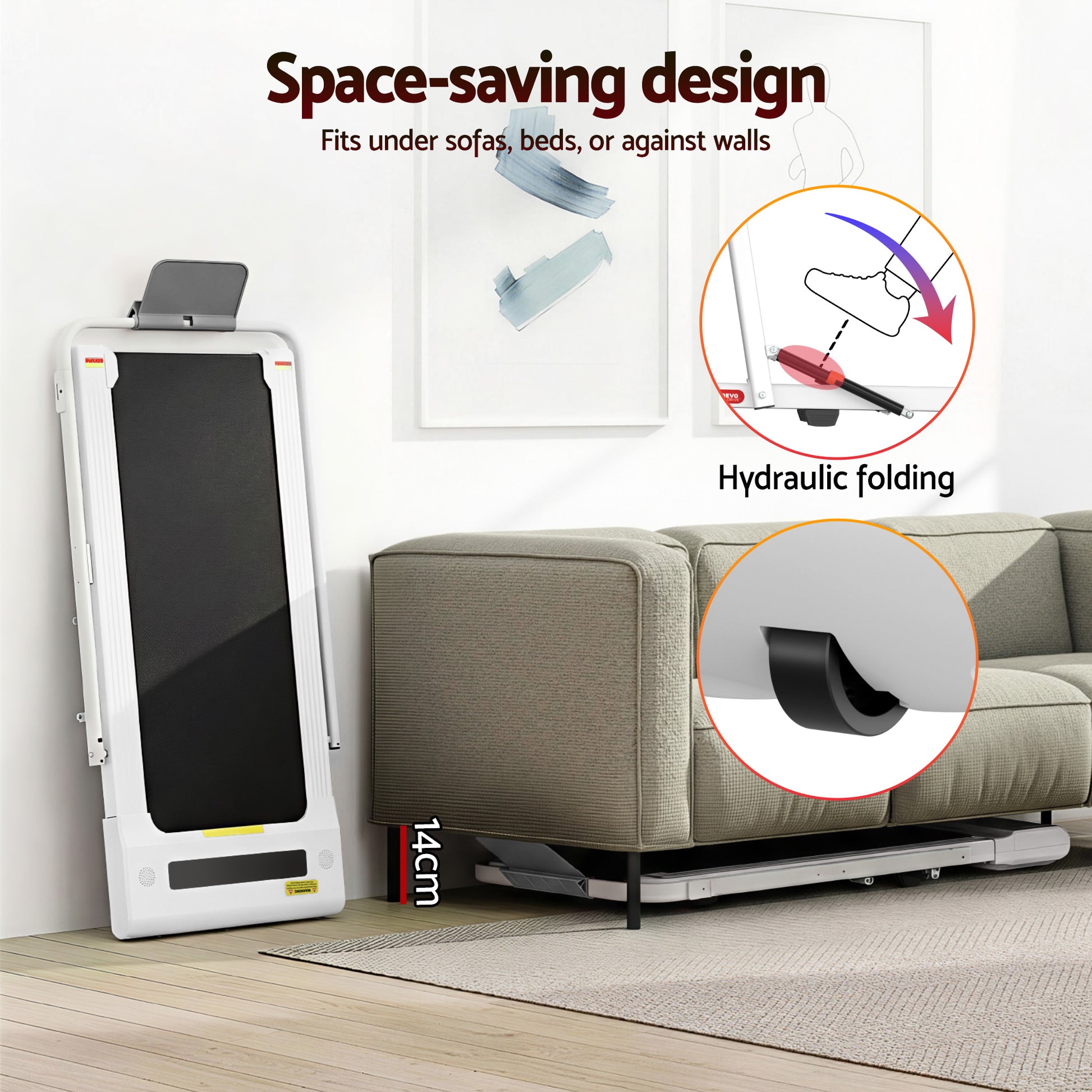 Everfit electric walking pad treadmill by Hlpmedical, white compact under-desk gym equipment for home fitness, 400mm width.