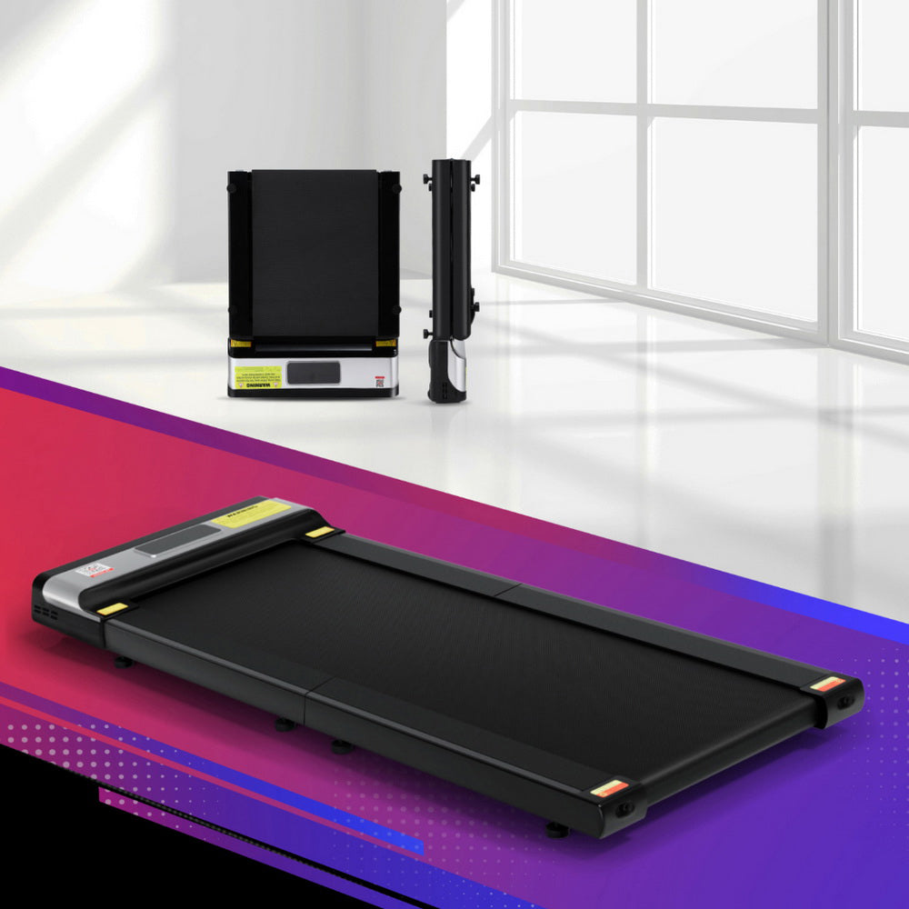 Hlpmedical Everfit electric walking treadmill pad for home gym, foldable belt, under desk fitness, black and compact design.