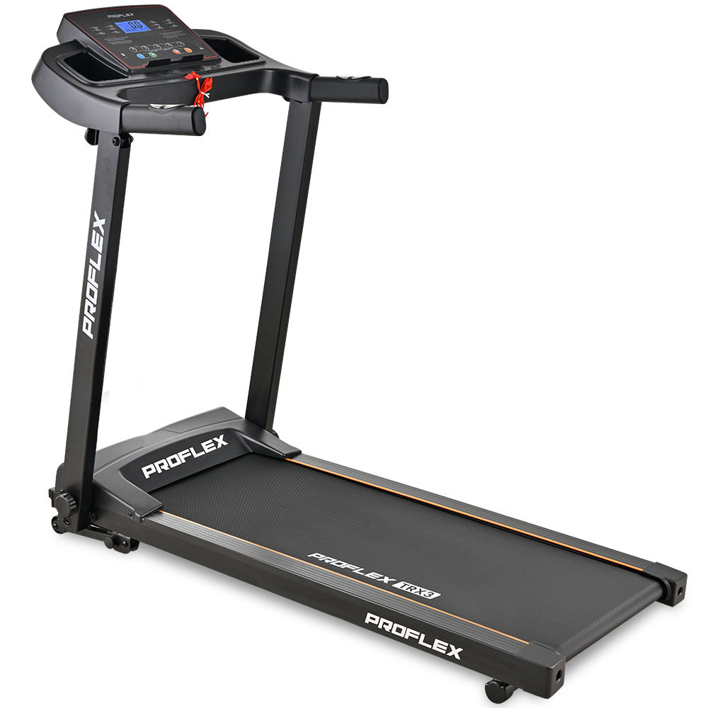 Hlpmedical PROFLEX TRX3 electric treadmill with foldable design, pulse sensors, USB and MP3 ports, compact size for home gym use