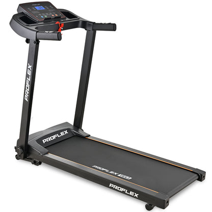 Hlpmedical PROFLEX TRX3 electric treadmill with foldable design, pulse sensors, USB and MP3 ports, compact size for home gym use