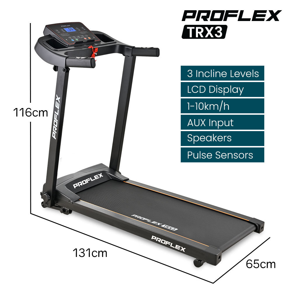 Hlpmedical Proflex TRX3 electric treadmill with foldable design, pulse sensors, USB and MP3 ports for home fitness.