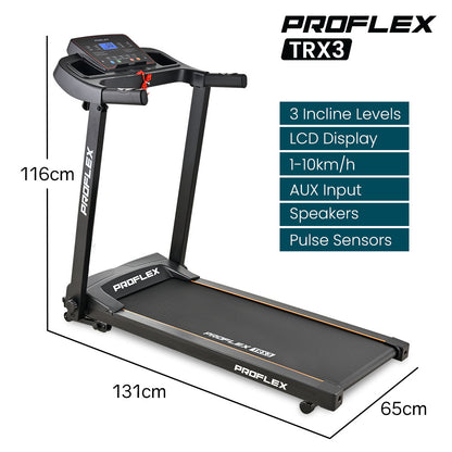 Hlpmedical Proflex TRX3 electric treadmill with foldable design, pulse sensors, USB and MP3 ports for home fitness.