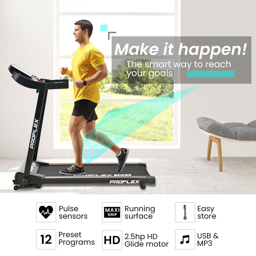 Hlpmedical PROFLEX TRX3 electric foldable treadmill with pulse sensors, USB/MP3 ports, compact size for home gym use