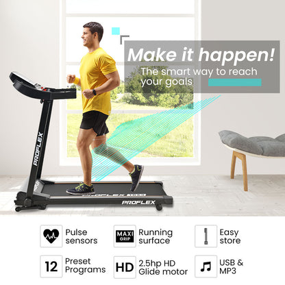 Hlpmedical PROFLEX TRX3 electric foldable treadmill with pulse sensors, USB/MP3 ports, compact size for home gym use