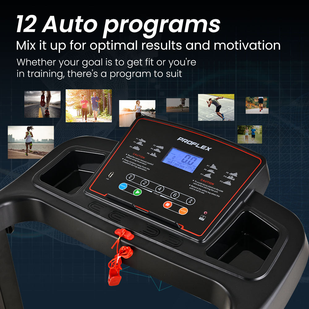 Hlpmedical Proflex TRX3 electric foldable treadmill with pulse sensors, compact size, USB, and MP3 connectivity for home gym use.
