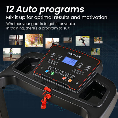Hlpmedical Proflex TRX3 electric foldable treadmill with pulse sensors, compact size, USB, and MP3 connectivity for home gym use.
