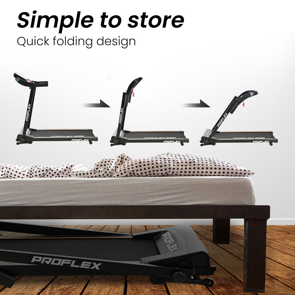 Hlpmedical Proflex TRX3 electric treadmill with foldable design, pulse sensors, USB and MP3 ports for home fitness.