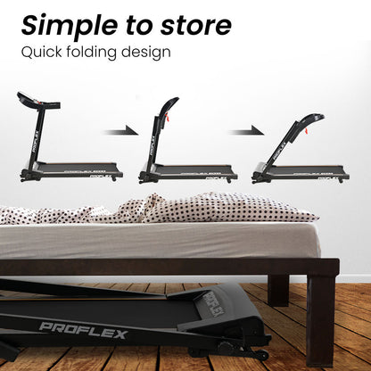 Hlpmedical Proflex TRX3 electric treadmill with foldable design, pulse sensors, USB and MP3 ports for home fitness.
