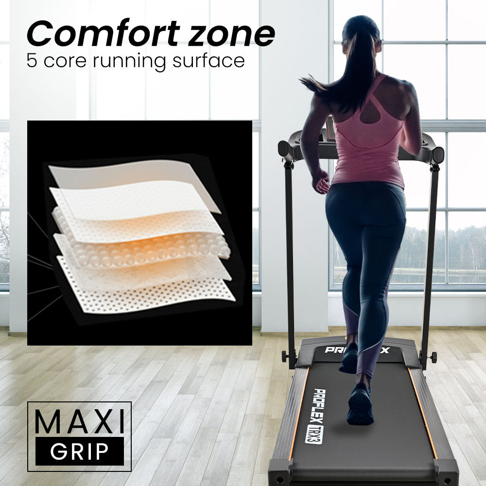 Hlpmedical Proflex TRX3 electric treadmill with foldable design, pulse sensors, USB and MP3 ports for home gym use.