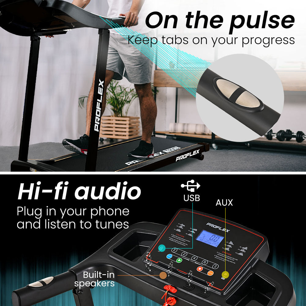 Hlpmedical Proflex TRX3 electric treadmill with compact foldable design, USB/MP3 ports, pulse sensors, for home gym fitness.
