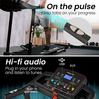 Hlpmedical Proflex TRX3 electric treadmill with compact foldable design, USB/MP3 ports, pulse sensors, for home gym fitness.