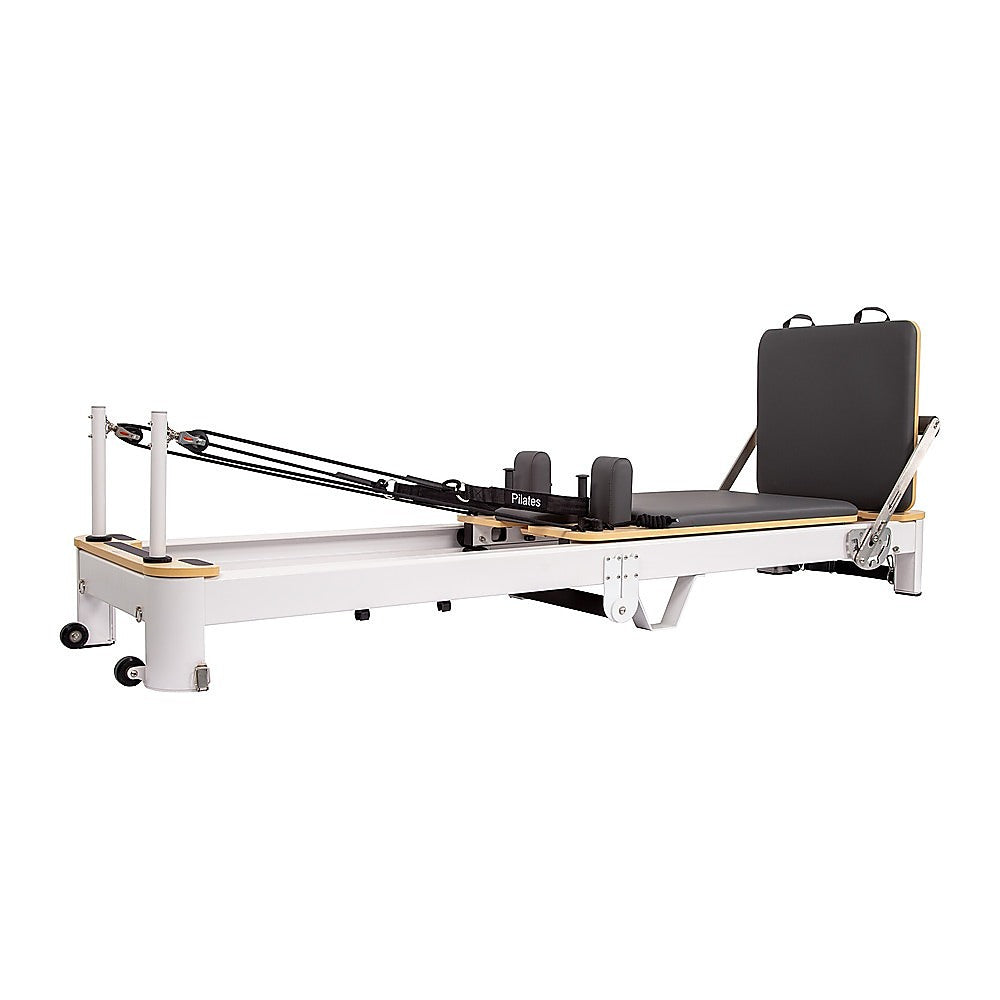 Hlpmedical folding Pilates Reformer machine for full-body home workout, featuring padded bed and resistance straps for fitness training.