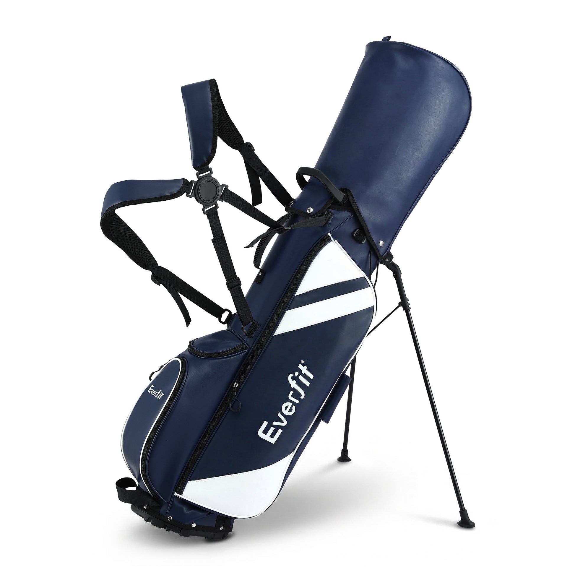 Blue Everfit golf stand bag with dual straps, lightweight design, and club divider for easy carry and organization.