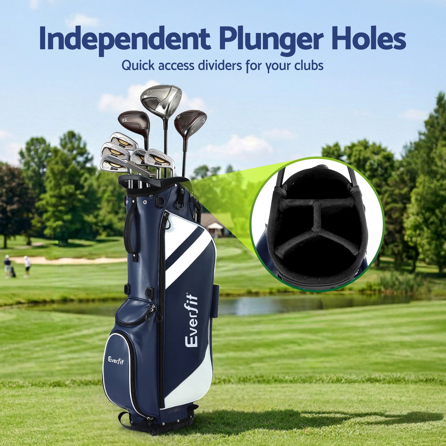 Blue Everfit Golf Stand Bag with dual straps, lightweight design, club divider, ideal for convenient golf accessory carrying.