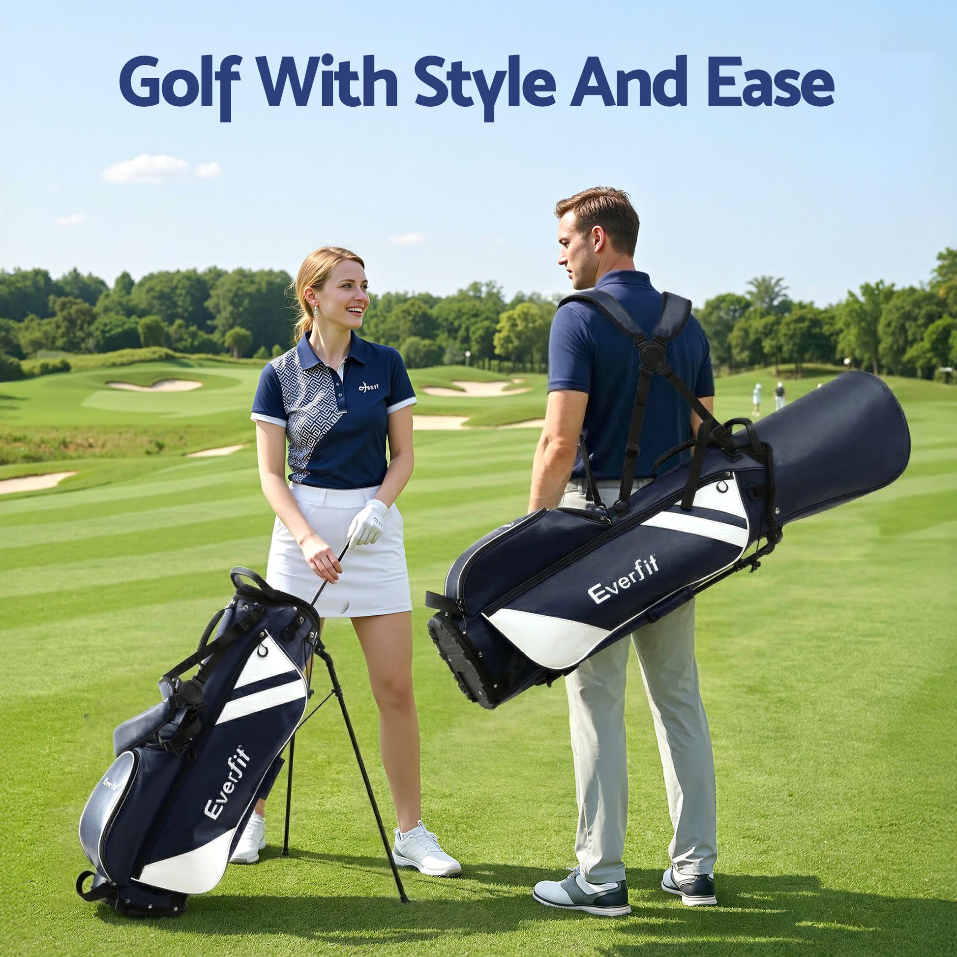 Everfit lightweight golf stand bag with dual straps, club divider, in blue, designed for easy carry and organization.