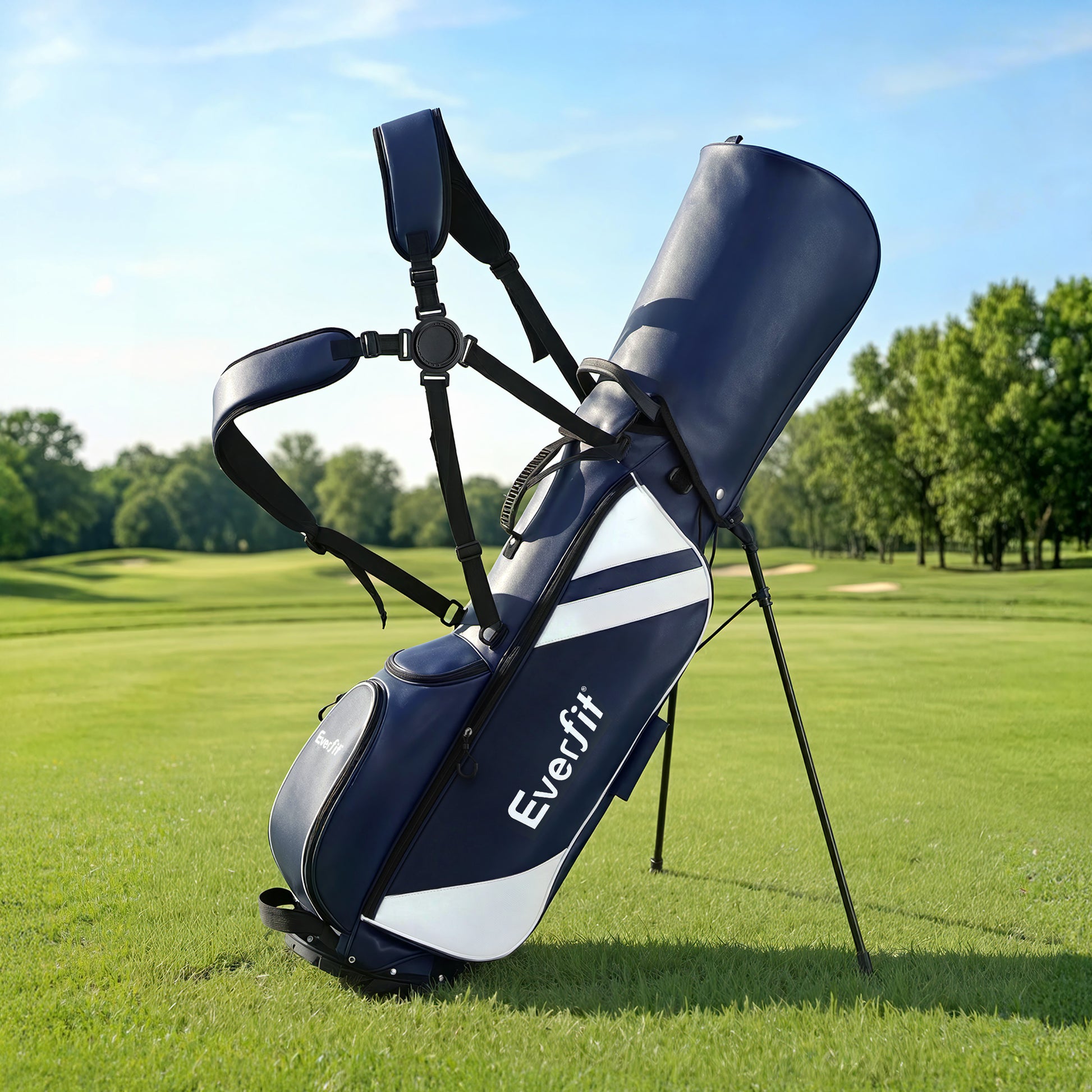 Everfit golf stand bag in blue with dual straps and club divider, lightweight design for easy carrying and organization.
