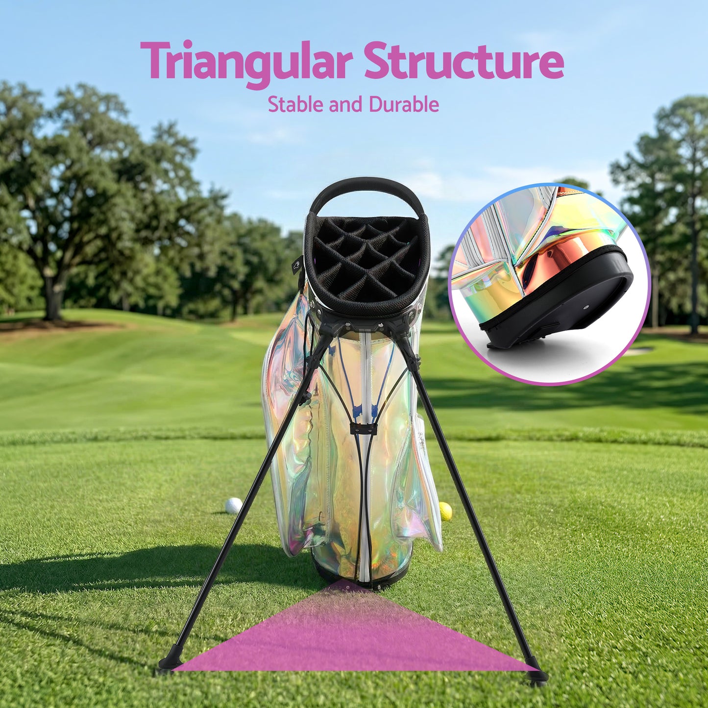 Hlpmedical Everfit golf stand bag with lightweight design, dual straps, club divider, and holographic finish for easy carrying.