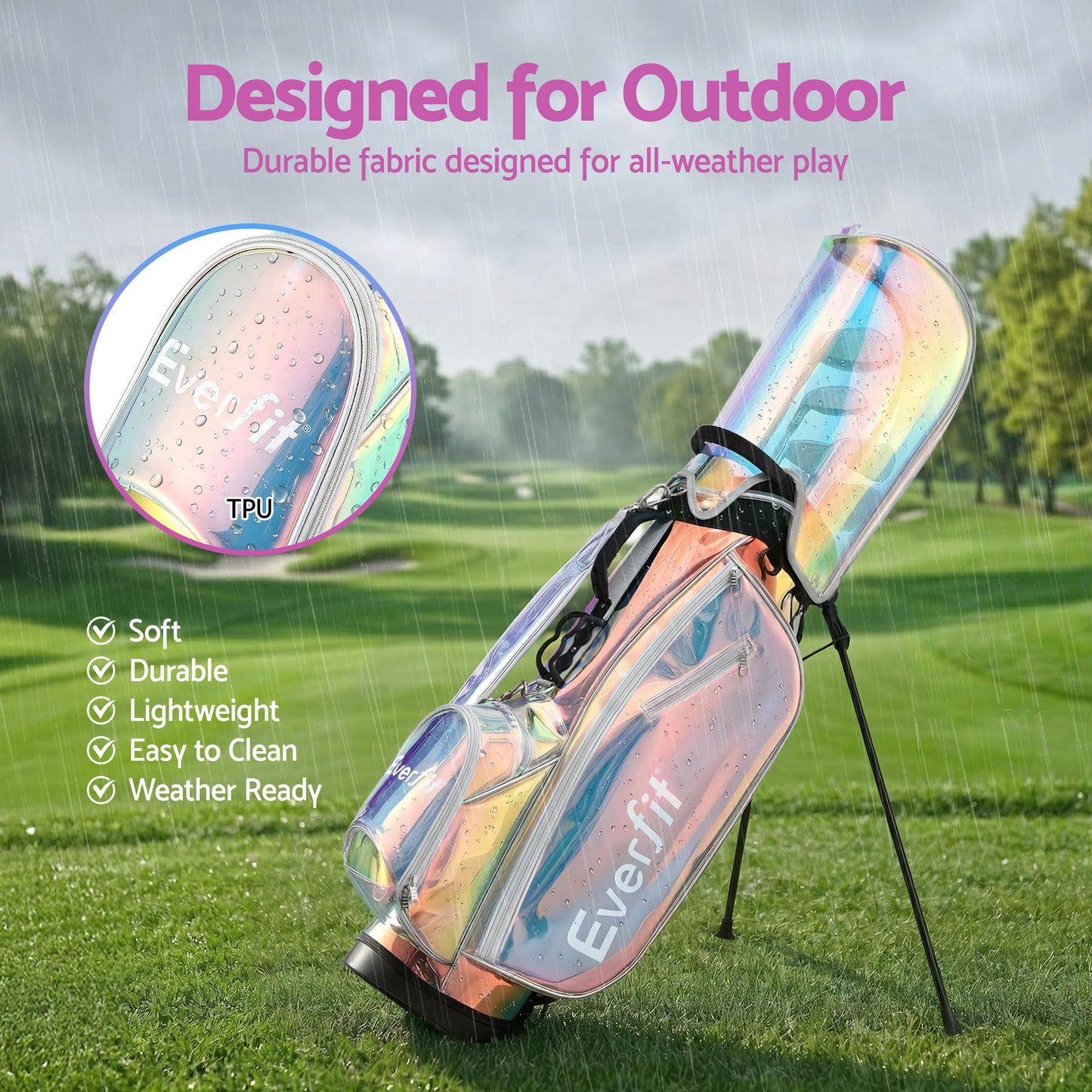 Hlpmedical Everfit golf stand bag with holographic finish, lightweight design, dual straps, and club divider for easy carrying.
