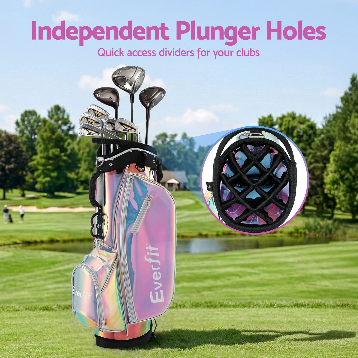 Everfit golf stand bag by Hlpmedical with dual straps, club divider, lightweight design, holographic finish, ideal for carrying golf clubs