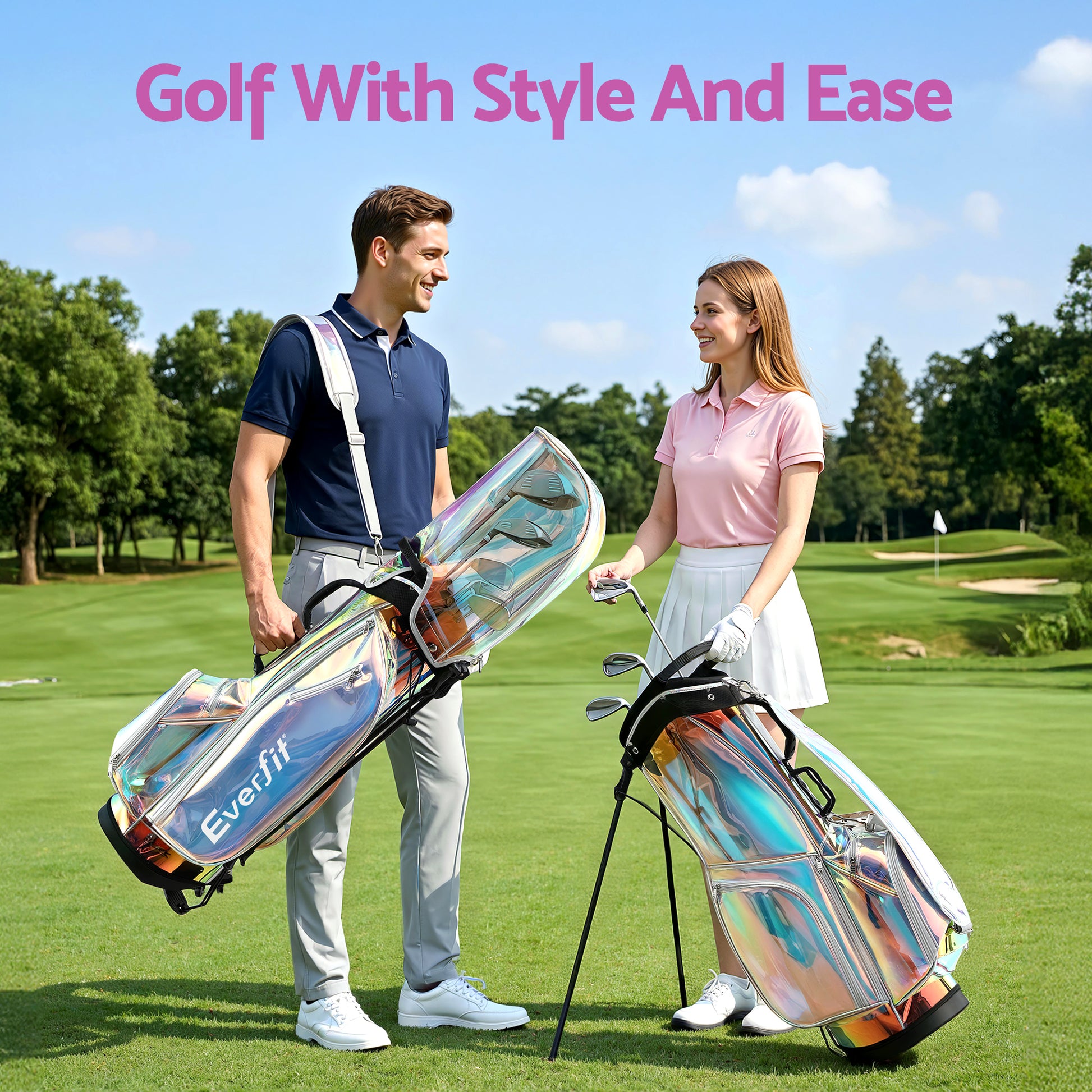 Hlpmedical Everfit golf stand bag with lightweight design, dual straps, club dividers, and holographic finish for convenient carrying.