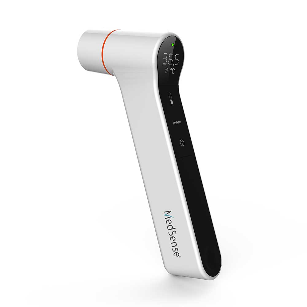 Hlpmedical MedSense infrared thermometer showing forehead and ear temperature measurement with digital display.