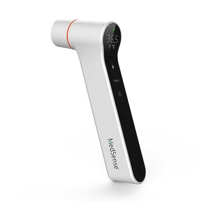 Hlpmedical MedSense infrared thermometer showing forehead and ear temperature measurement with digital display.