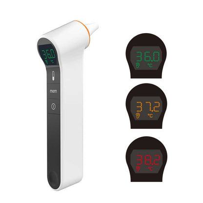 Hlpmedical MedSense infrared thermometer measuring forehead and ear temperature, industrial safety tool for accurate health monitoring.