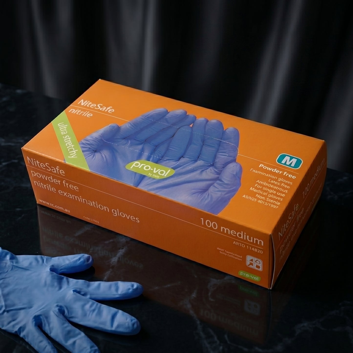 Box of 1000 blue nitrile examination gloves from HLP Medical Supplies, powder-free, durable and suitable for medical use.