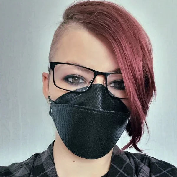 Women wearing Hlpmedical Trident Project 3 FFP3 black face mask respirator, close-up of the protective mask on a woman.