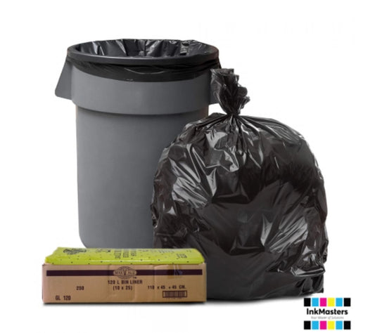 120L Black Heavy Duty Trash Bags / Bin Liners, 20um, 10x25 (250 Garbage Bags)