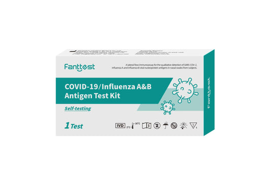 HLP Medical Supplies Fanttest COVID-19 and Influenza A&B antigen test kit, self-testing medical kit with single testing strips.