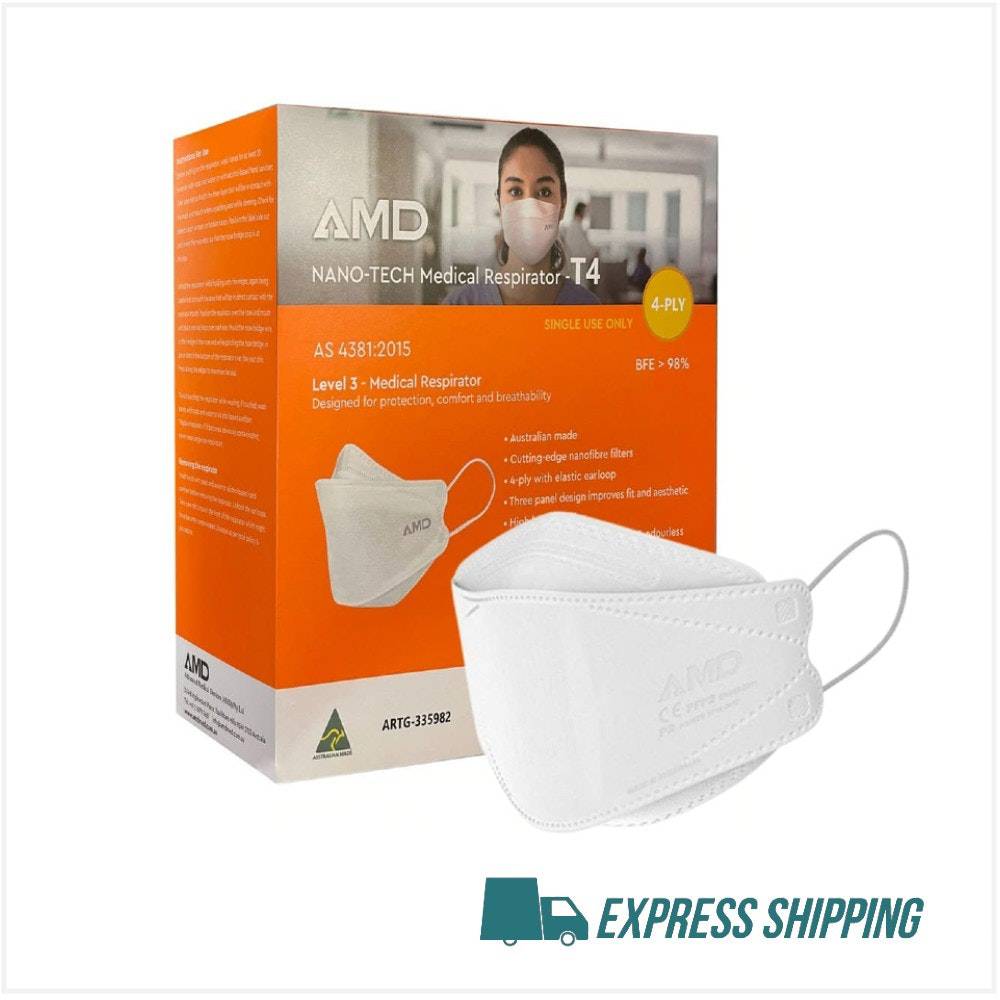 Box of 50 Australian-made AMD P2 N95 medical respirator face masks, HLP Medical Supplies, showing protective masks inside packaging.