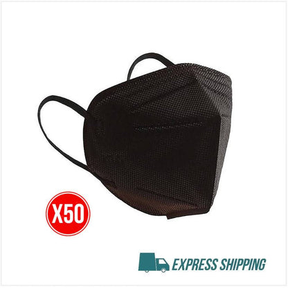 Black KN95 respirator face masks with ear loops, shown in a pack of 50 by Hlpmedical.