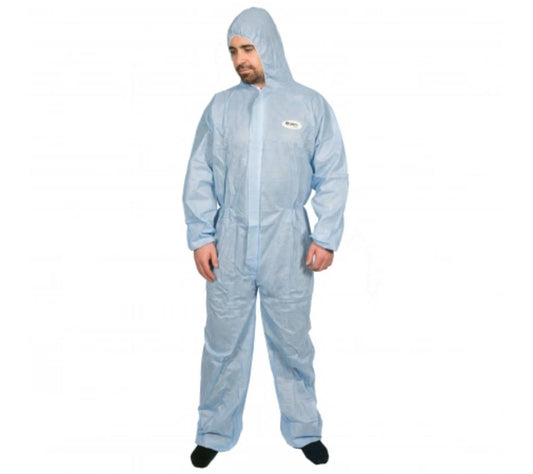 Hlpmedical SMS disposable coveralls, Type 5/6 PPE, breathable material, medium size, individually wrapped for protection.