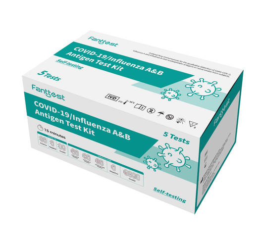 HLP Medical Supplies Fanttest COVID-19 and Influenza A&B antigen test kits, set of 5 self-testing medical diagnostic kits.
