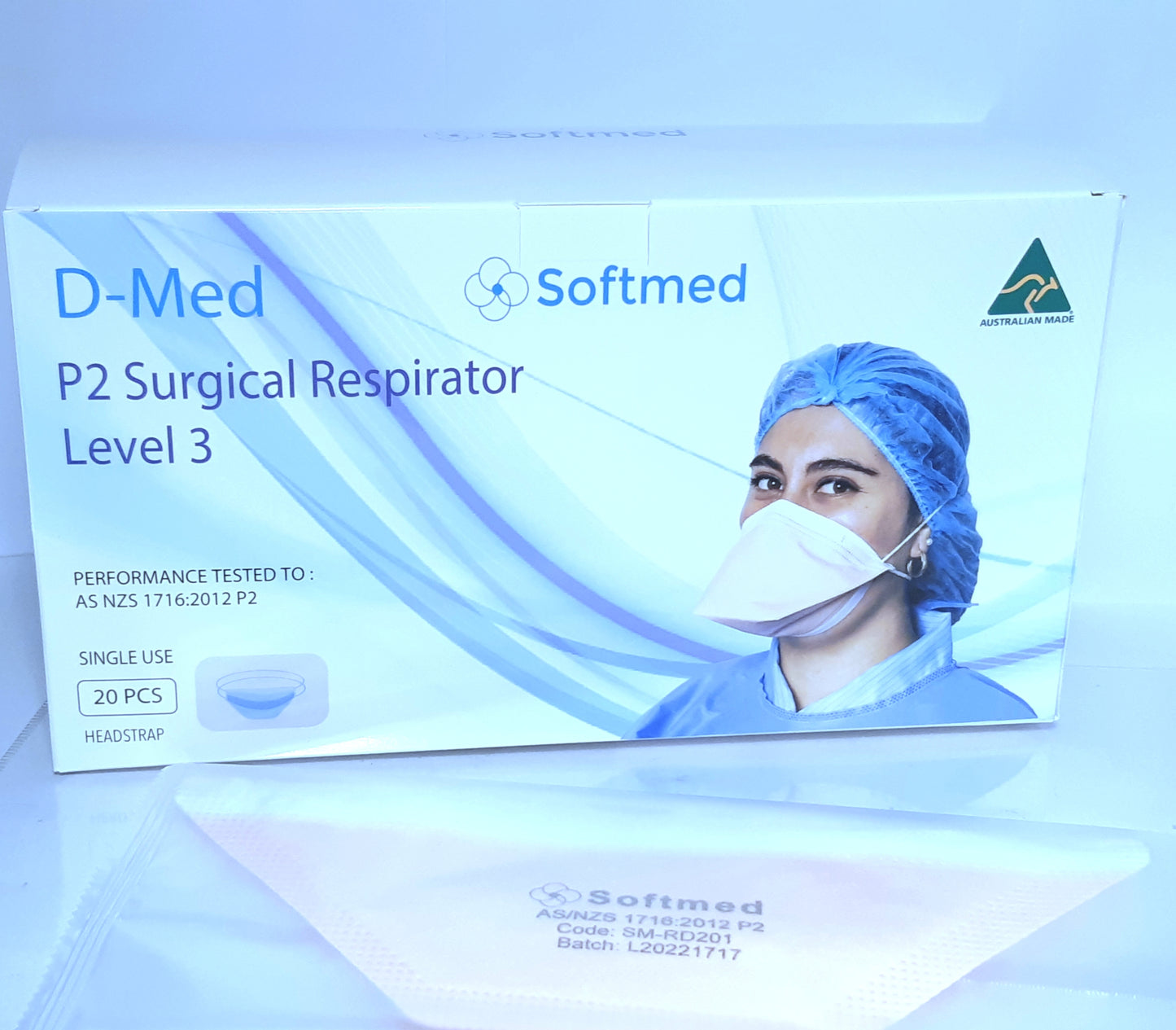 Box of 20 Softmed D-Med P2 Health Care Surgical Respirator Level 3 Individually Wrapped **Australian Made**