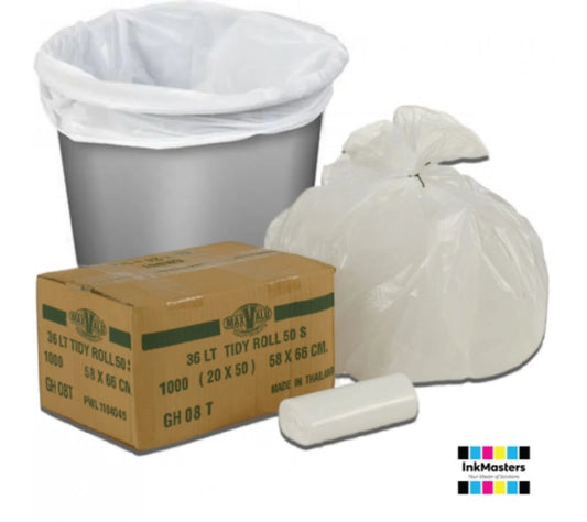 36L White Medium-Large Refuse Sack / Bin Liners, 20x50 Rolls (1000 Tidy Bags)