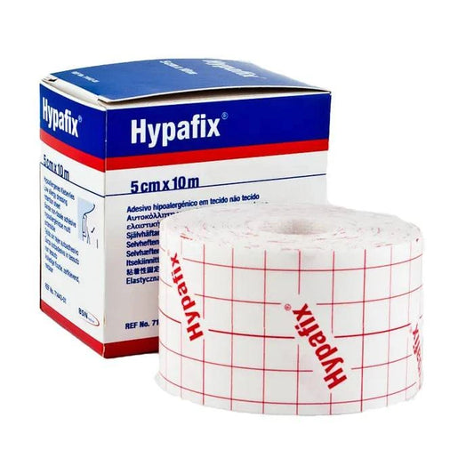 Hypafix dressing retention tape by Hlpmedical, 5cm x 10m roll, showing flexible adhesive medical tape for secure wound coverage.