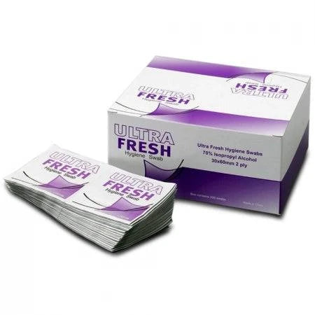 Box of 200 HLP Medical Supplies Ultra Fresh 70% Isopropyl Alcohol Hygiene Swabs for hand cleaning and sanitization.