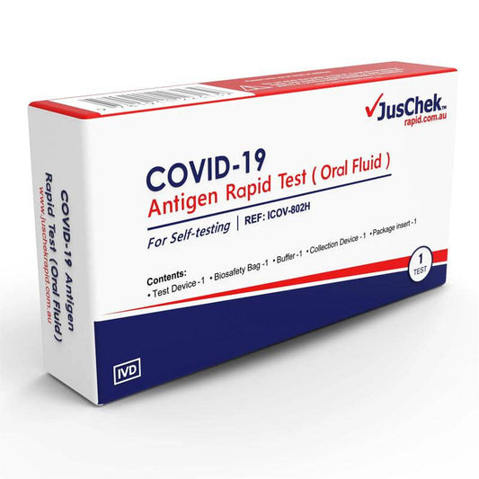 Hlpmedical JusChek COVID-19 Antigen Rapid Test kit for saliva, containing 5 tests for quick at-home health testing.