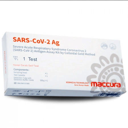 Hlpmedical Maccura Covid-19 rapid antigen nasal swab self-test kit with 240 tests, showing test kit components and packaging.