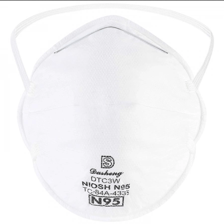 N95 respirator face mask by Hlpmedical, NIOSH approved disposable particulate respirator, shown in a close-up image.